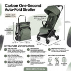 11.5 lbs Lightweight Travel Stroller | One-Second Auto Fold | Airplane Carry-On Compatible | Full Recline