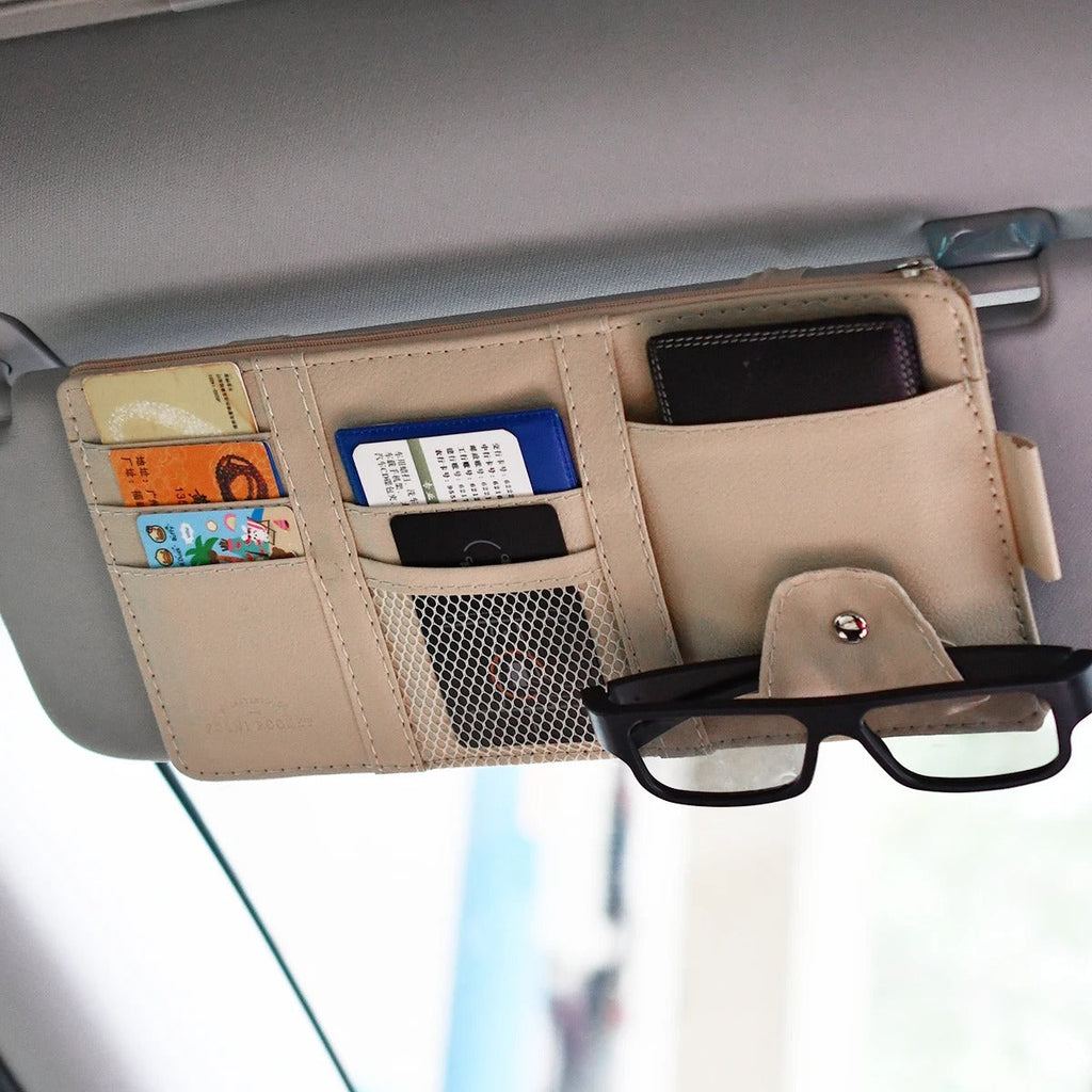 Car Glasses Storage PU Leather Multi-Function Sun Visor Point Organizer Storage Pocket Auto Sunglasses Holder Cards Organizer