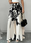 Women Black Ink Floral Print Wide Leg Pants Elastic High Waist Silky Satin Palazzo Trousers Summer Vacation Casual Loose Long Pants Beach Bottoms Vestidos