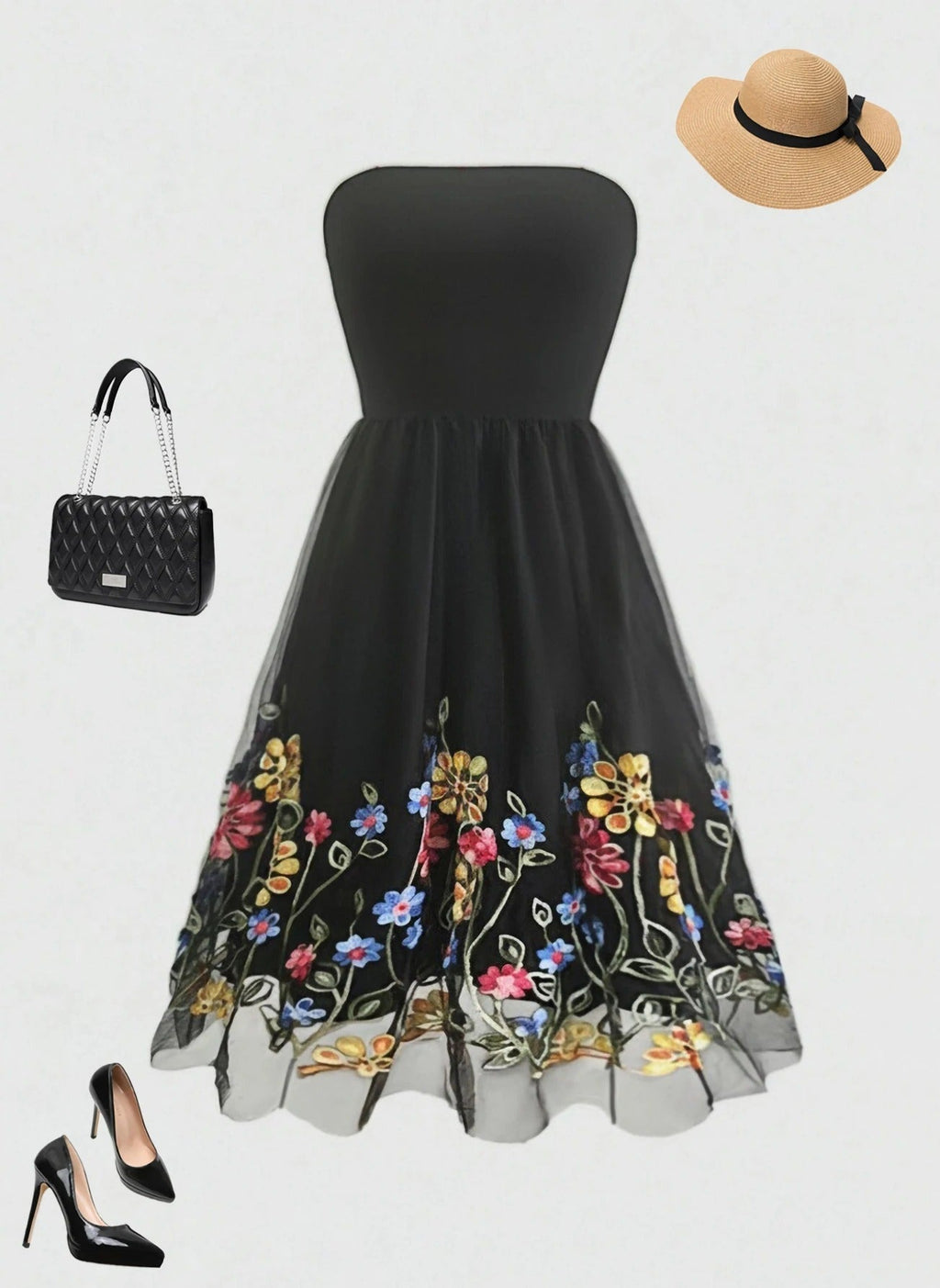New Elegant Summer Dress for Women Embroidered Mesh Floral Strapless Casual Vintage Party Sleeveless Knee-Length Female Dress