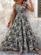2026 Vintage Floral Print Dress Elegant V-Neck Short Sleeve Long Women's Fashion Retro Gown