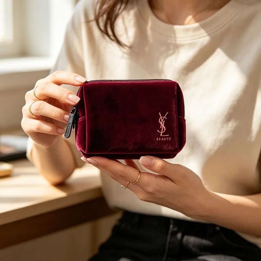 YSL’s Bag Wine Red Velvet Mini Portable Square Cosmetic Bag Vintage Zipper Storage Pouch For Lipsticks Keys Cards Elegant Holida