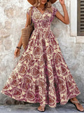2026 Vintage Floral Print Dress Elegant V-Neck Short Sleeve Long Women's Fashion Retro Gown