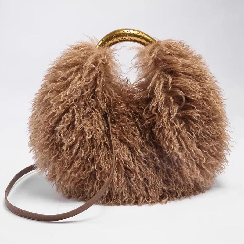 Women's Fashion Long Fur Wool Bag beach Faux Wool Fur Shoulder Bag Ladies Faux Furs Handbag Luxury Mongolian Sheep Fur Bags